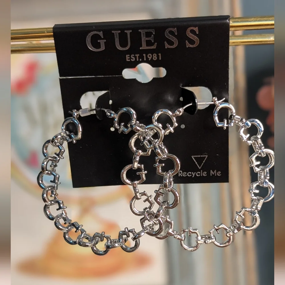 💚 Guess Silver Chain Hoop Earrings